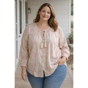 Wonderly Plus Size Blouse 3X Boho Tassel Top Lightweight Relaxed Fit Peasant